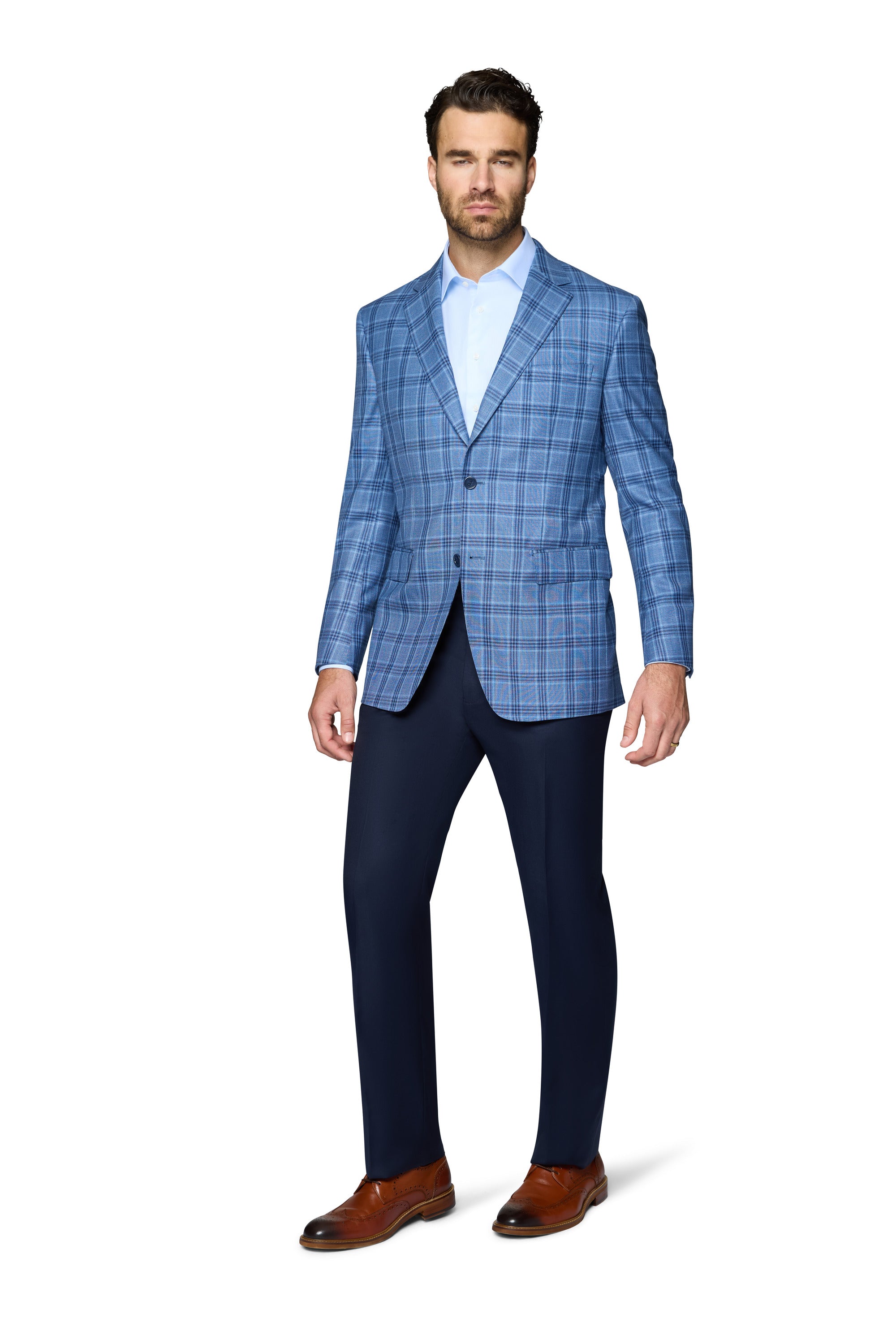 Bergamo Elegant Wool Sport Coat Modern Fit - Light Blue Plaid