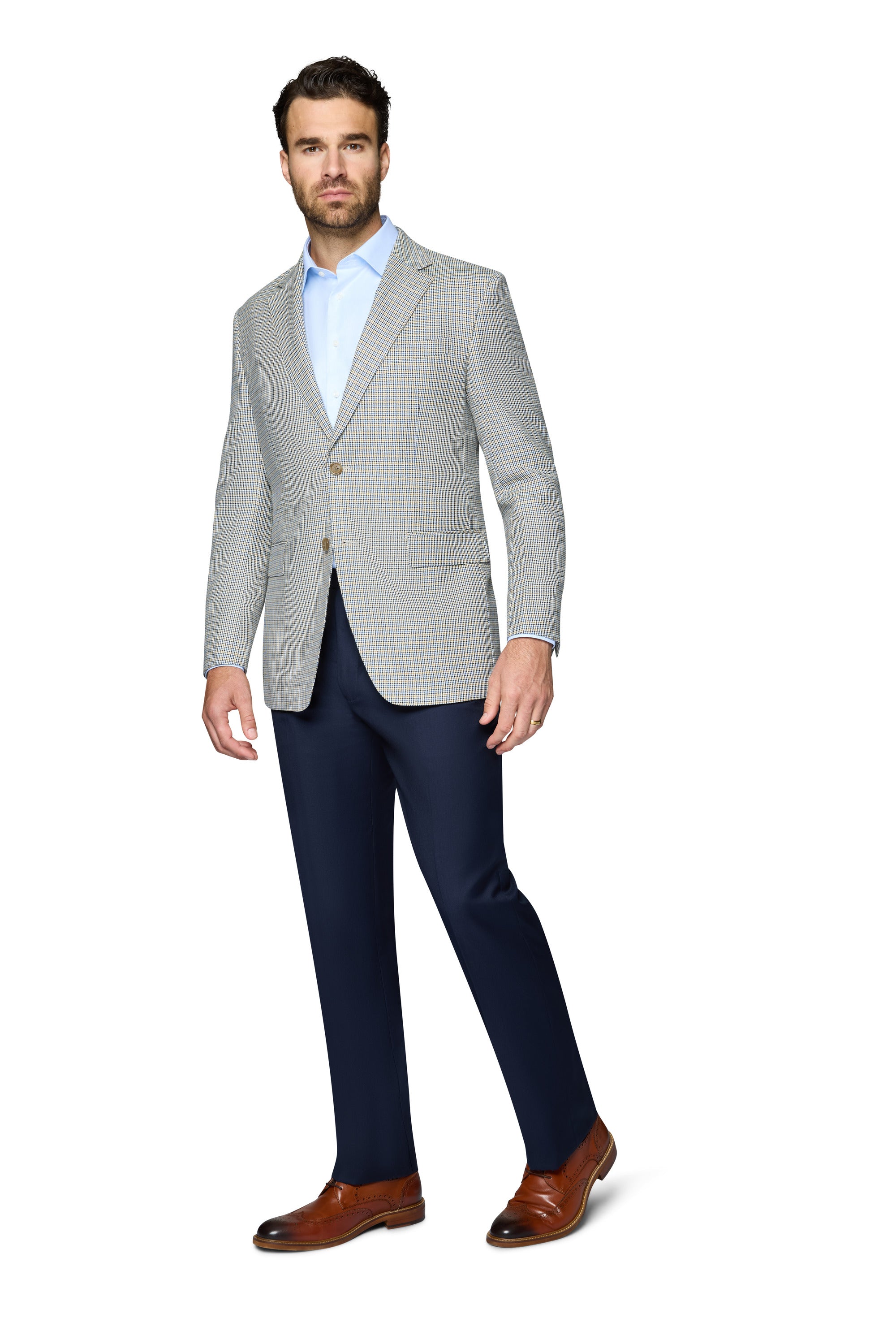 Bergamo Elegant Wool Sport Coat Modern Fit - Blue & Tan Check
