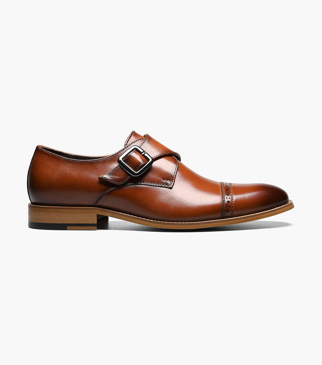 Stacy Adams DESMOND Cap Toe Monk Strap Shoes - Cognac