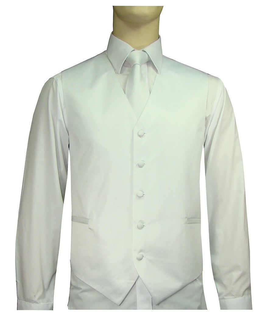 Men's Satin 10-1 Solid Vest, Tie & Hanky - White