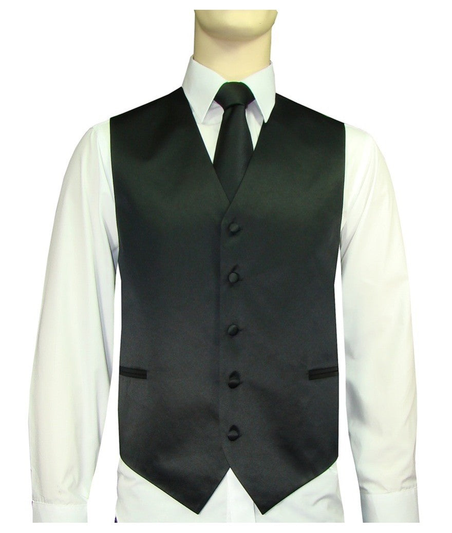 Men's Satin 10-1 Solid Vest, Tie & Hanky - Black