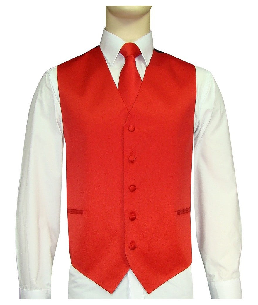 Men's Satin 10-1 Solid Vest, Tie & Hanky - Red