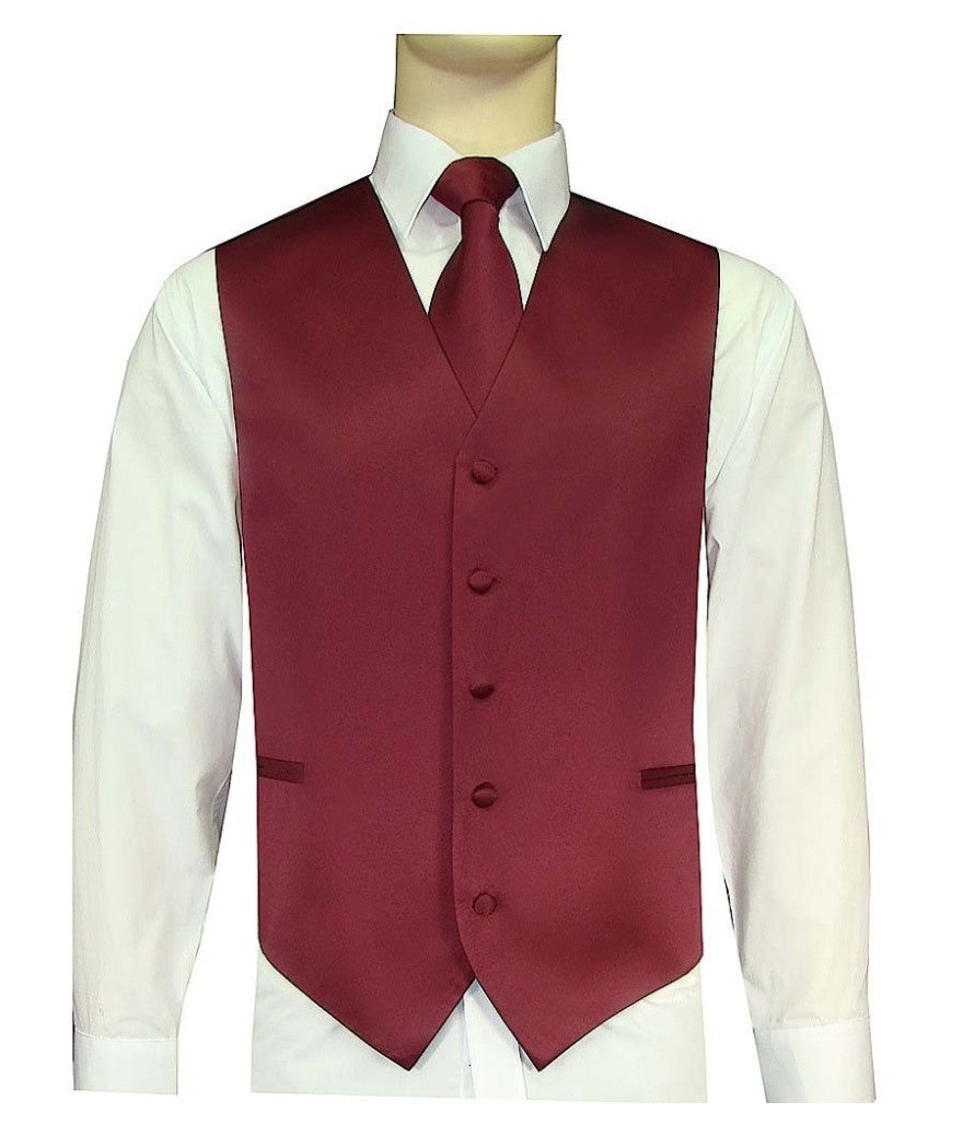 Men's Satin 10-1 Solid Vest, Tie & Hanky - Wine Burgundy