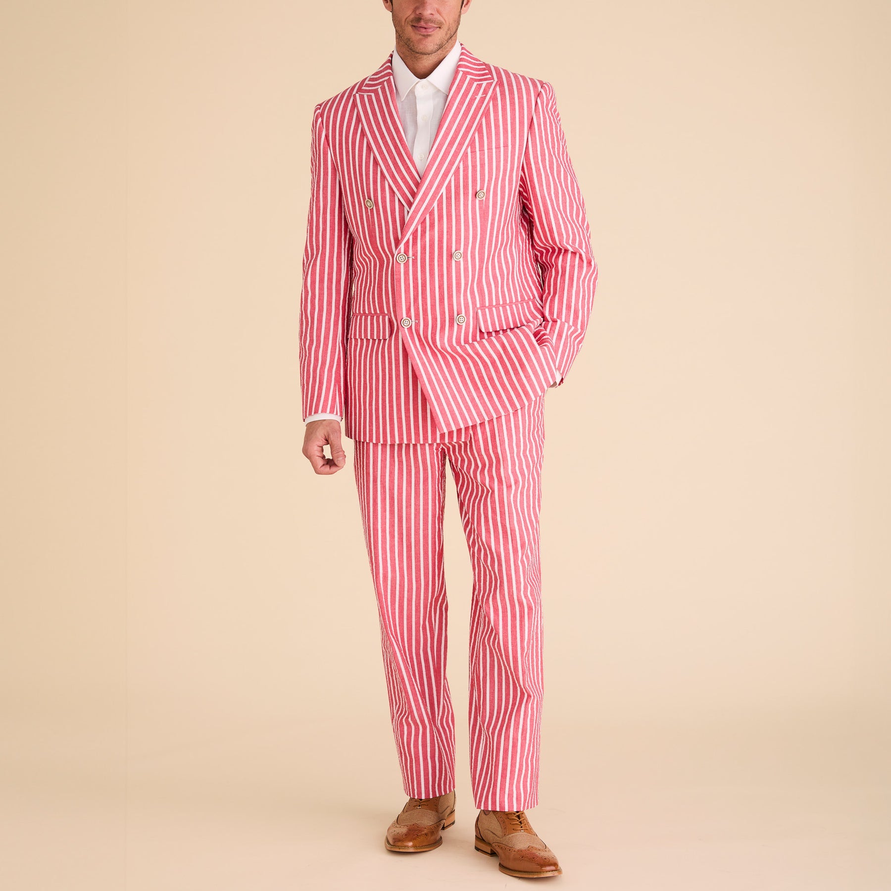 Seersucker Wide Stripe Double Breasted Blazer - Red