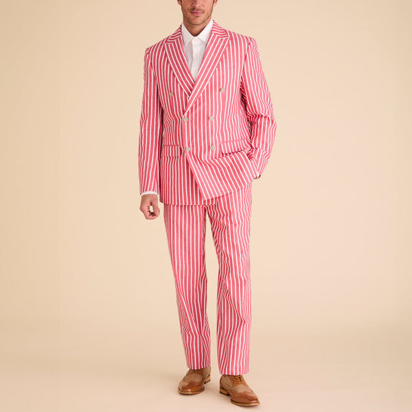Seersucker Wide Stripe Double Breasted Suit - Red