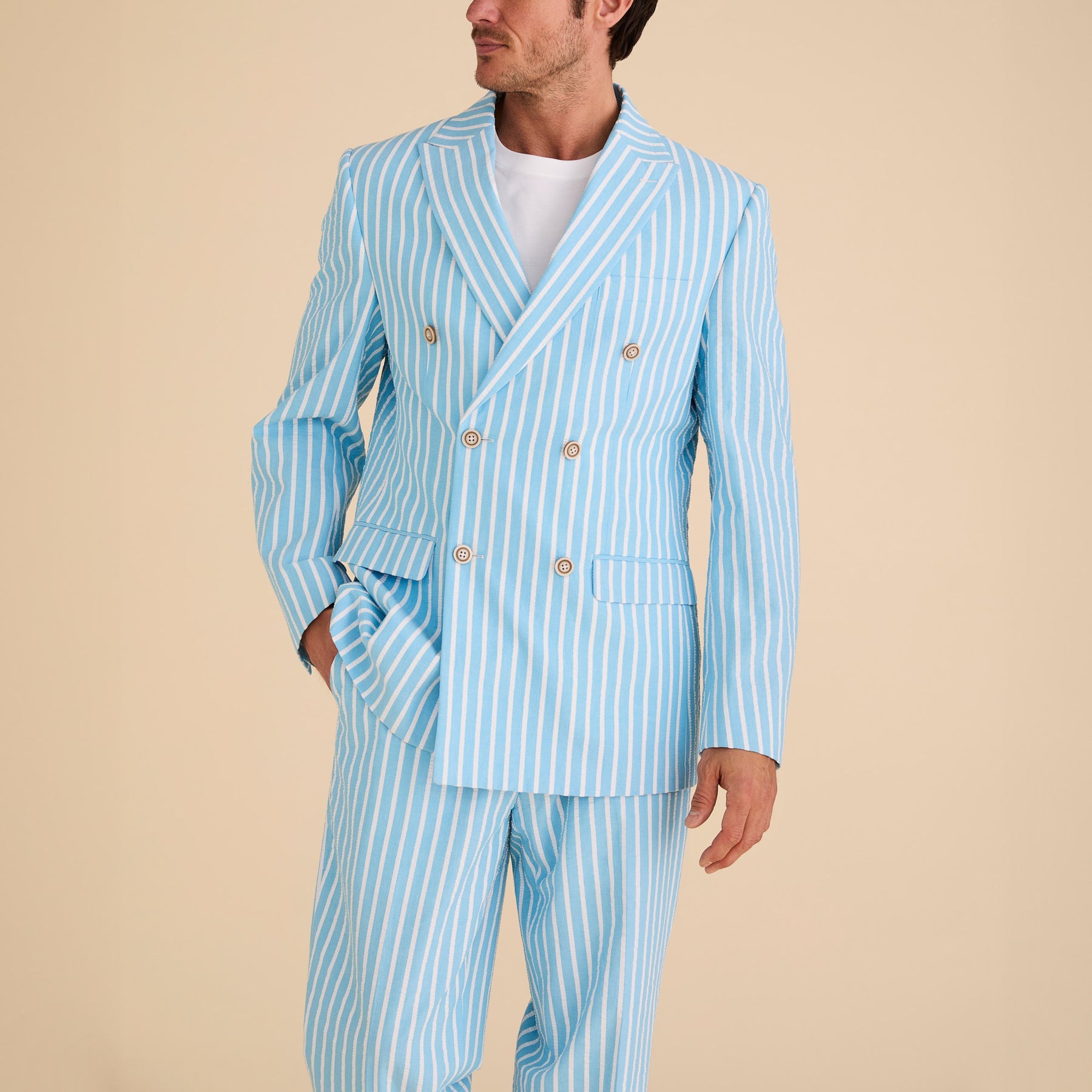 Seersucker Wide Stripe Double Breasted Blazer - Blue Mist