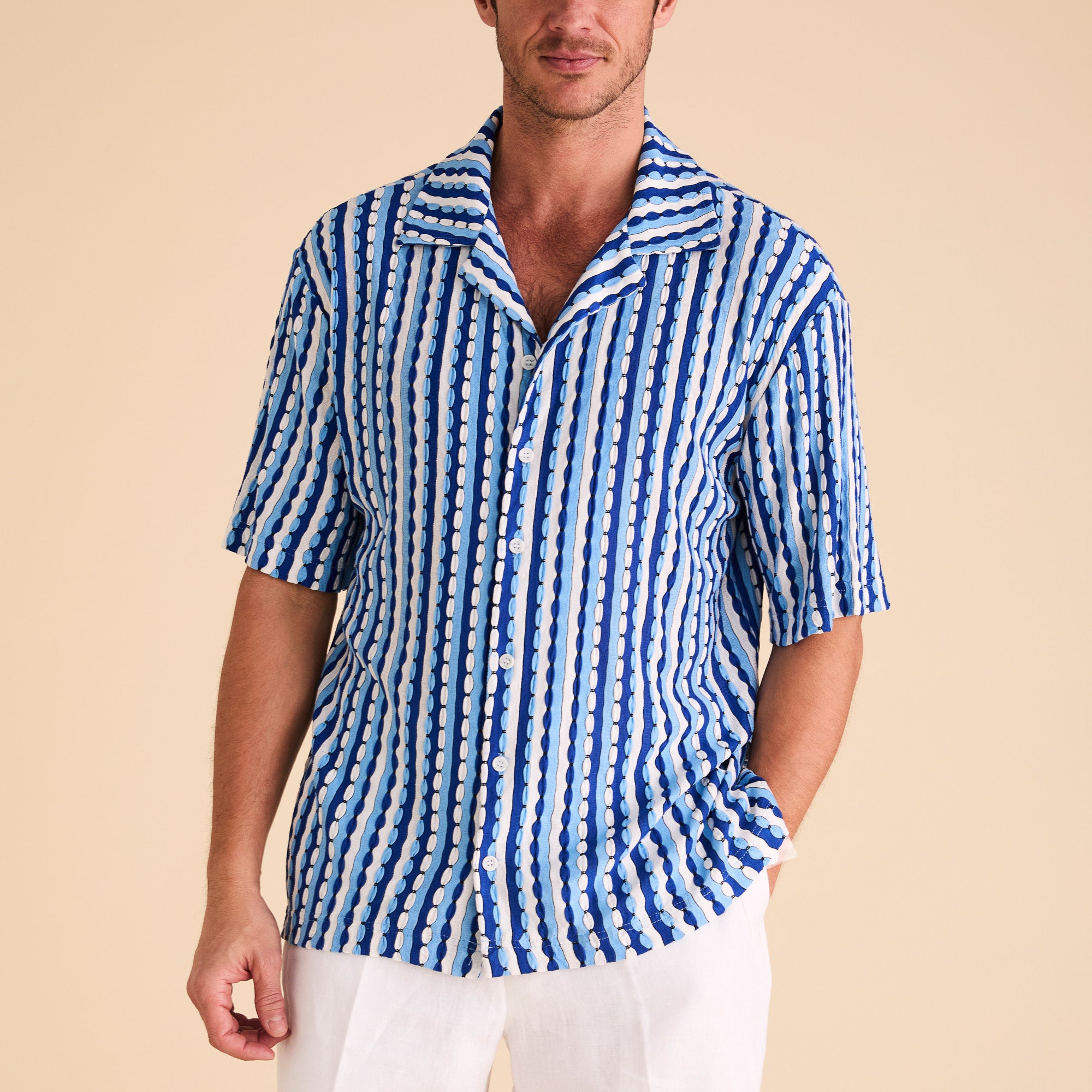 SS020 Jacquard Camp Collar Short-Sleeve Shirt - Blue