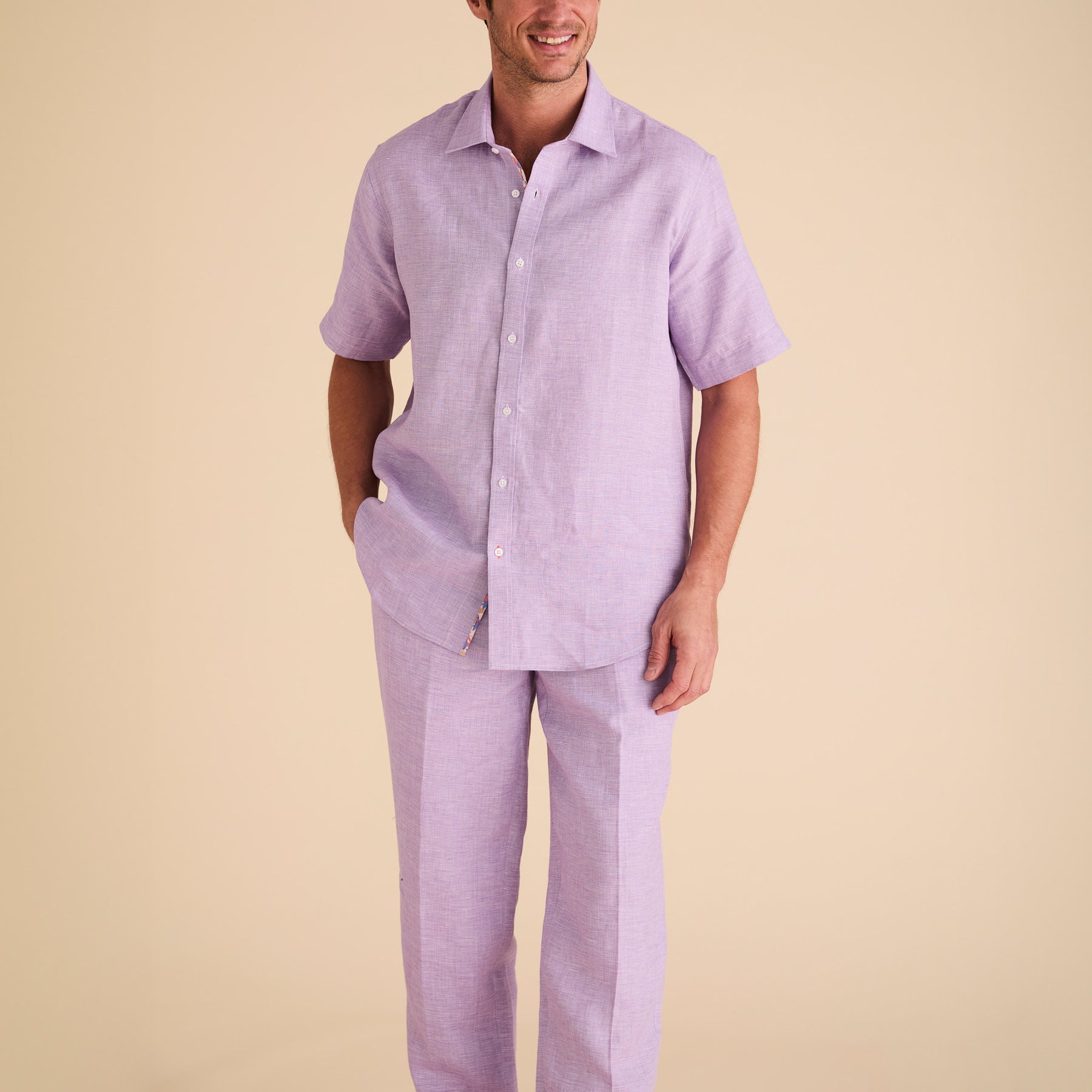 Premium Flax Linen Short-Sleeve Shirt - Lavender