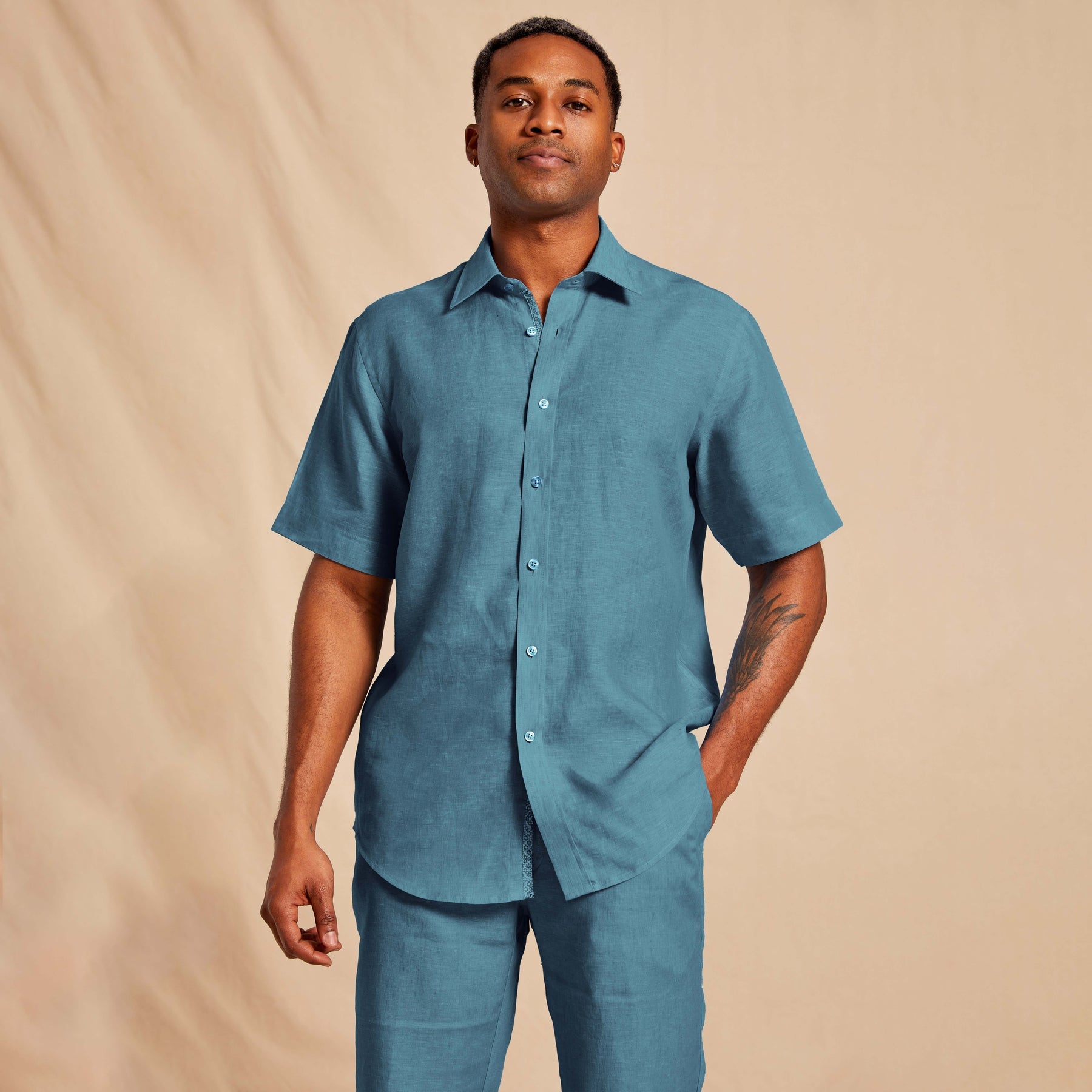 Premium Flax Linen Short-Sleeve Shirt - Caspian