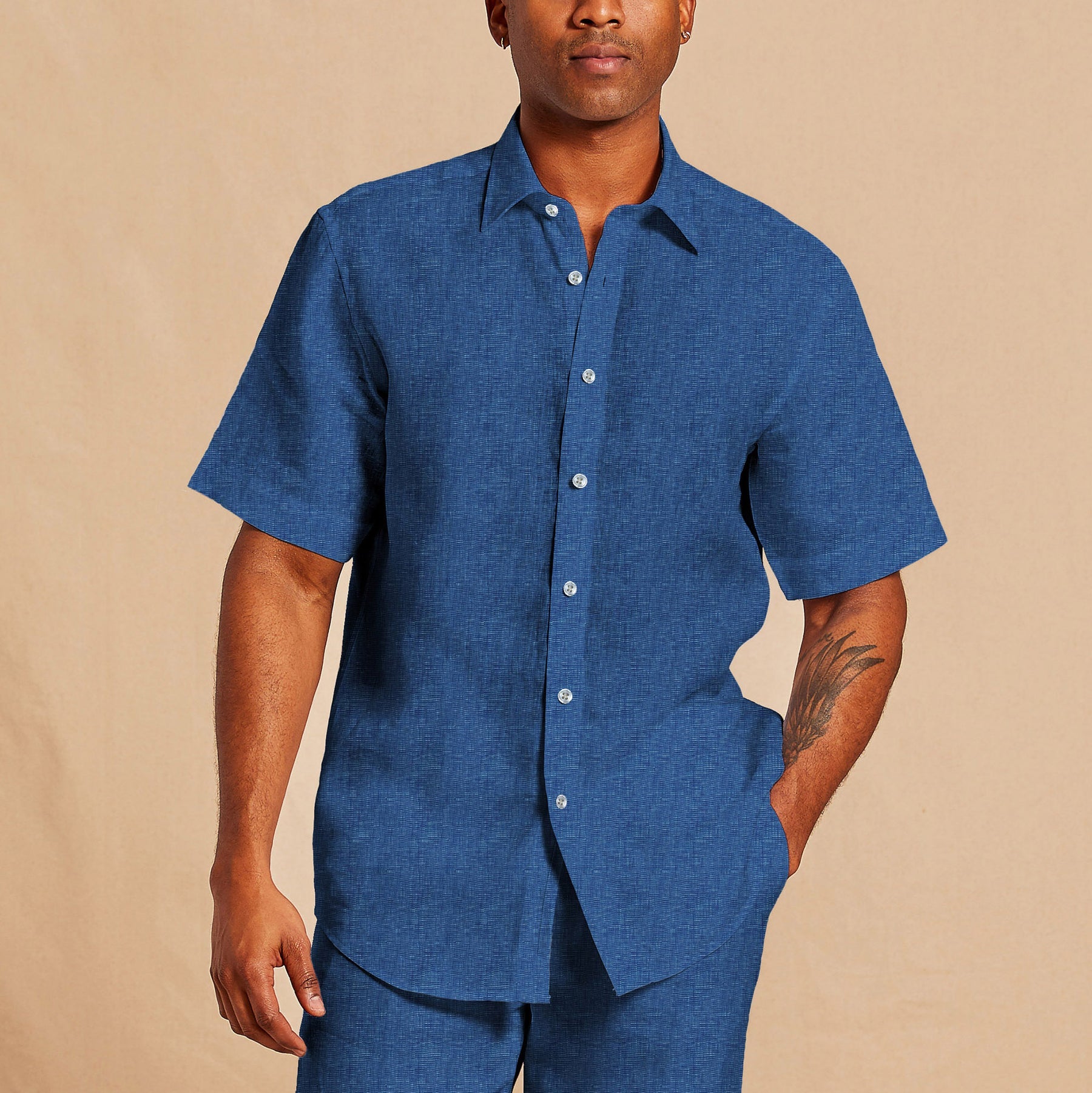 Premium Flax Linen Short-Sleeve Shirt - River Blue