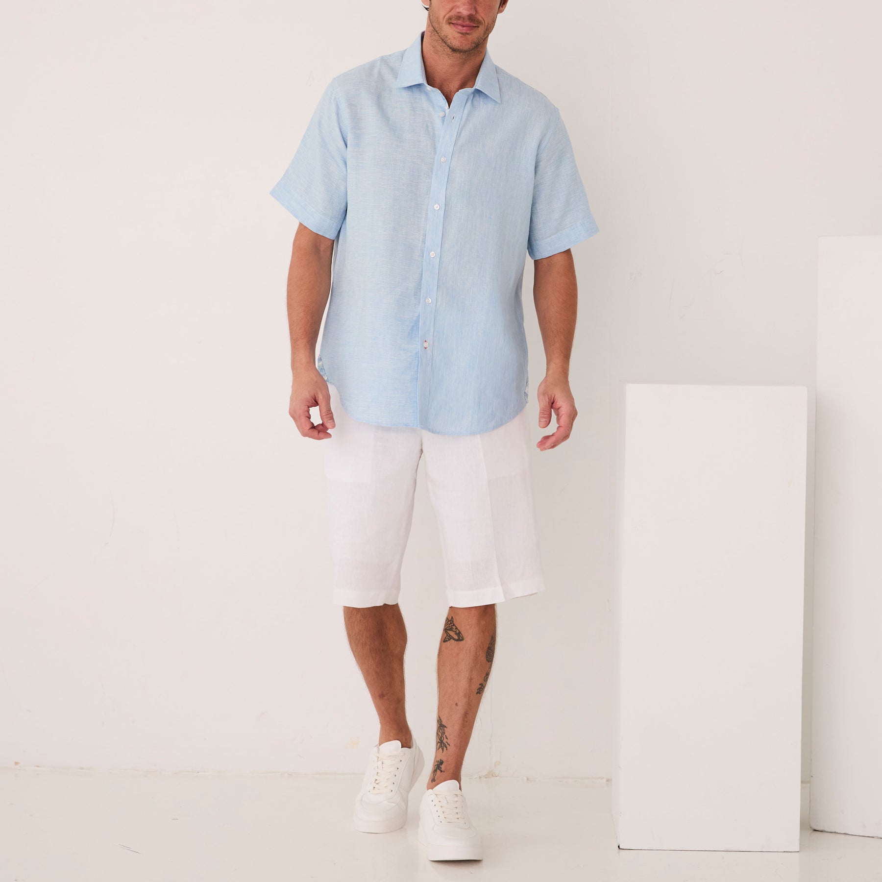 Premium Flax Linen Short-Sleeve Shirt - Blue Mist