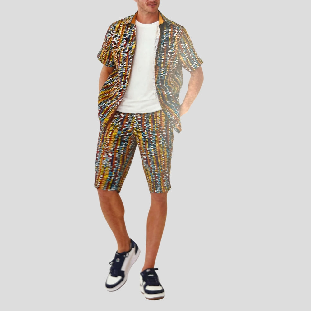 Premium Geo Print Linen Short-Sleeve Shirt - Cacao