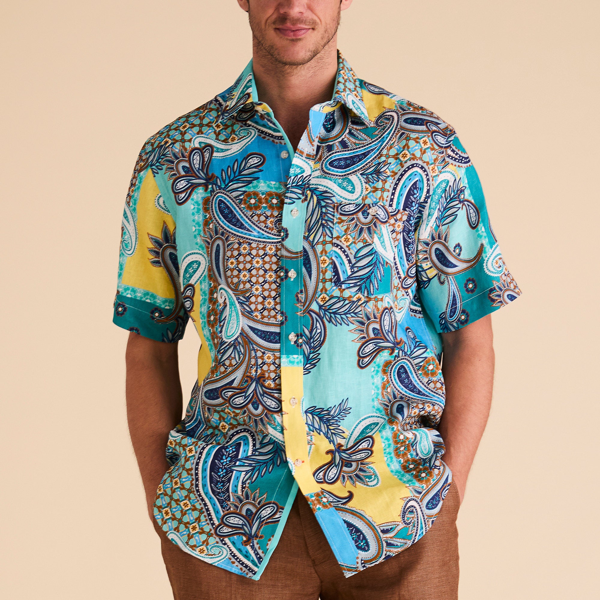 Mediterranean Paisley Print Linen Short-Sleeve Shirt - Caspian