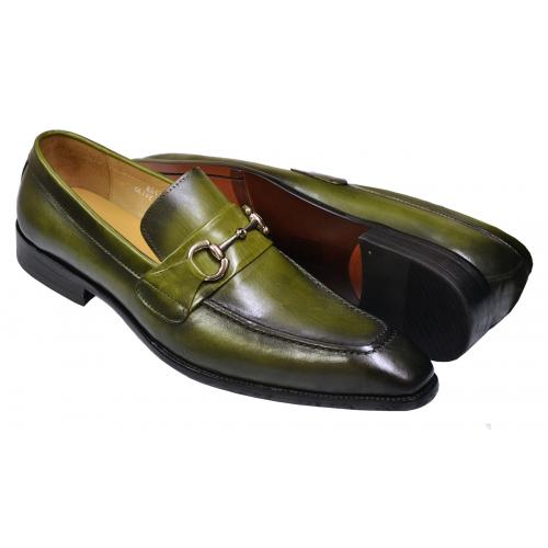 Carrucci KS478-02 Slip On Loafer Apron Toe Leather Shoe - Olive